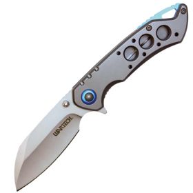 Open Folding Pocket Knife Grey Handle Blue Accents